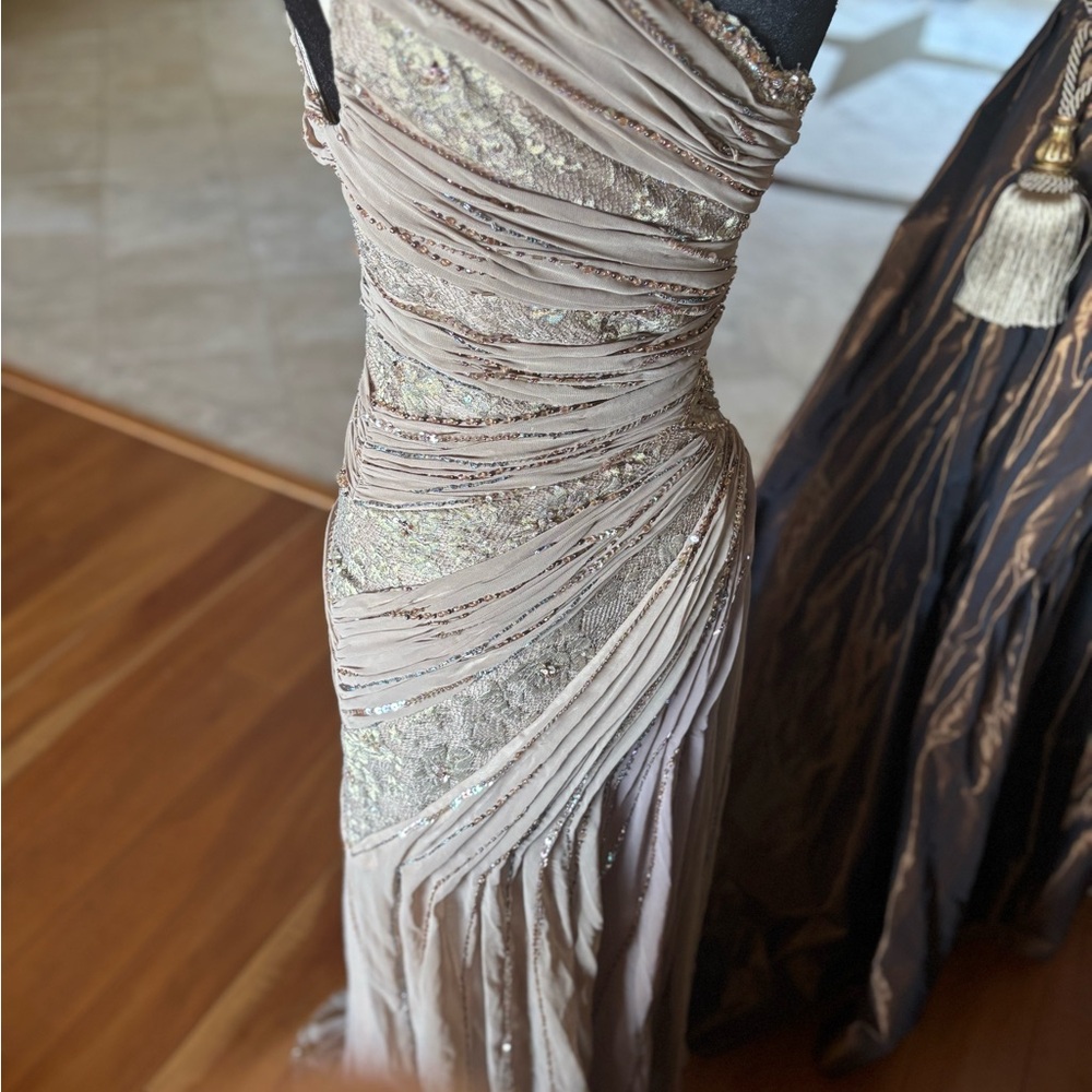 One-Shoulder Ivory Evening Gown with Beaded Detail - Picture 7 of 8